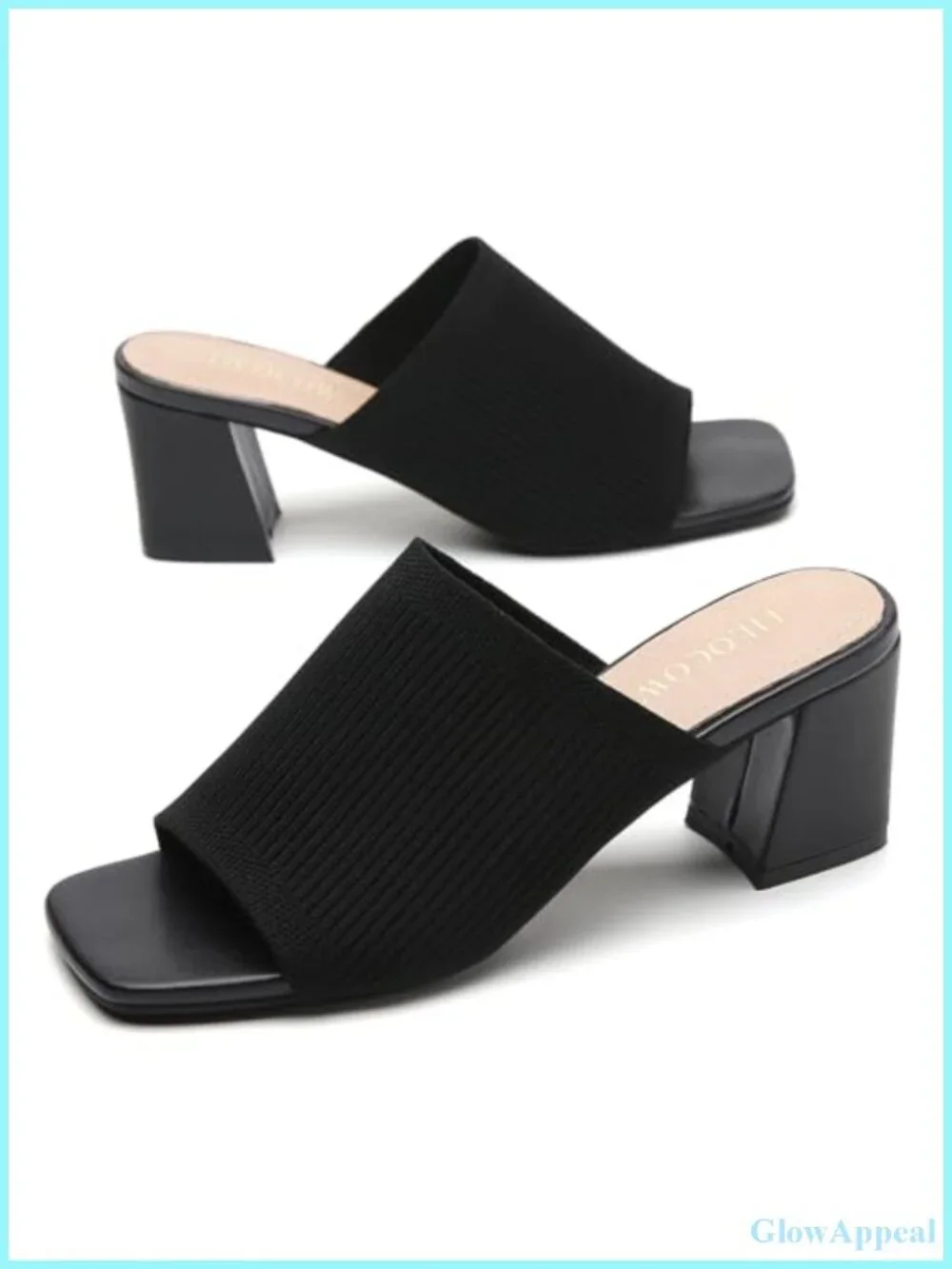 Women's Square Toe Block Heel Mules Sandals Slip On Knit